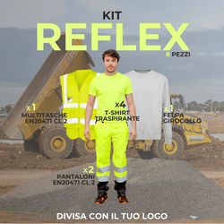 KIT REFLEX - KIT 8 Articoli Divisa Lavoro : 2xPantalone certificato Alta visibilità - 4xMagliette T-Shirt  tecniche- 1xFelpa Girocollo- 1xGilet multitasche Alta visibilità EN20471 CL2