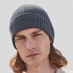 B438N Beechfield Berretto a maglia costa larga con Patch removibile su risvolto  100% cotone bio certificato 
