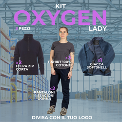 OXYGEN LADY - Divisa da lavoro donna in KIT Multistagione. 8 Articoli: 3xPantaloni Multitasche Multistagione - 3xMaglietta T-shirt - 2xFelpa Zip Corta - 1xGiacca Softshell con Cappuccio