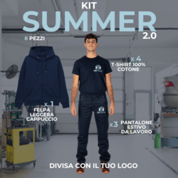 KITSUMMER 2.0 - Divisa da lavoro estiva in KIT 8 Articoli: 3xPantaloni Multitasche estivi  -4 xMaglietta T-Shirt personalizzate - 1X Felpa cappuccio e zip tessuto leggero 