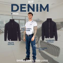 KIT DENIM - Abbigliamento lavoro 8 Articoli : 2xPantaloni Jeans - 4xPolo Bicolore - 1xFelpa Leggera Zip Corta - 1xGiubbino Estivo