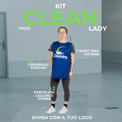 CLEAN LADY - Divisa da lavoro donna in KIT. 8 Articoli: 2xPantalone Leggings 3/4 -4x Maglietta T-shirt - 2xGrembiule Poncho multitasche